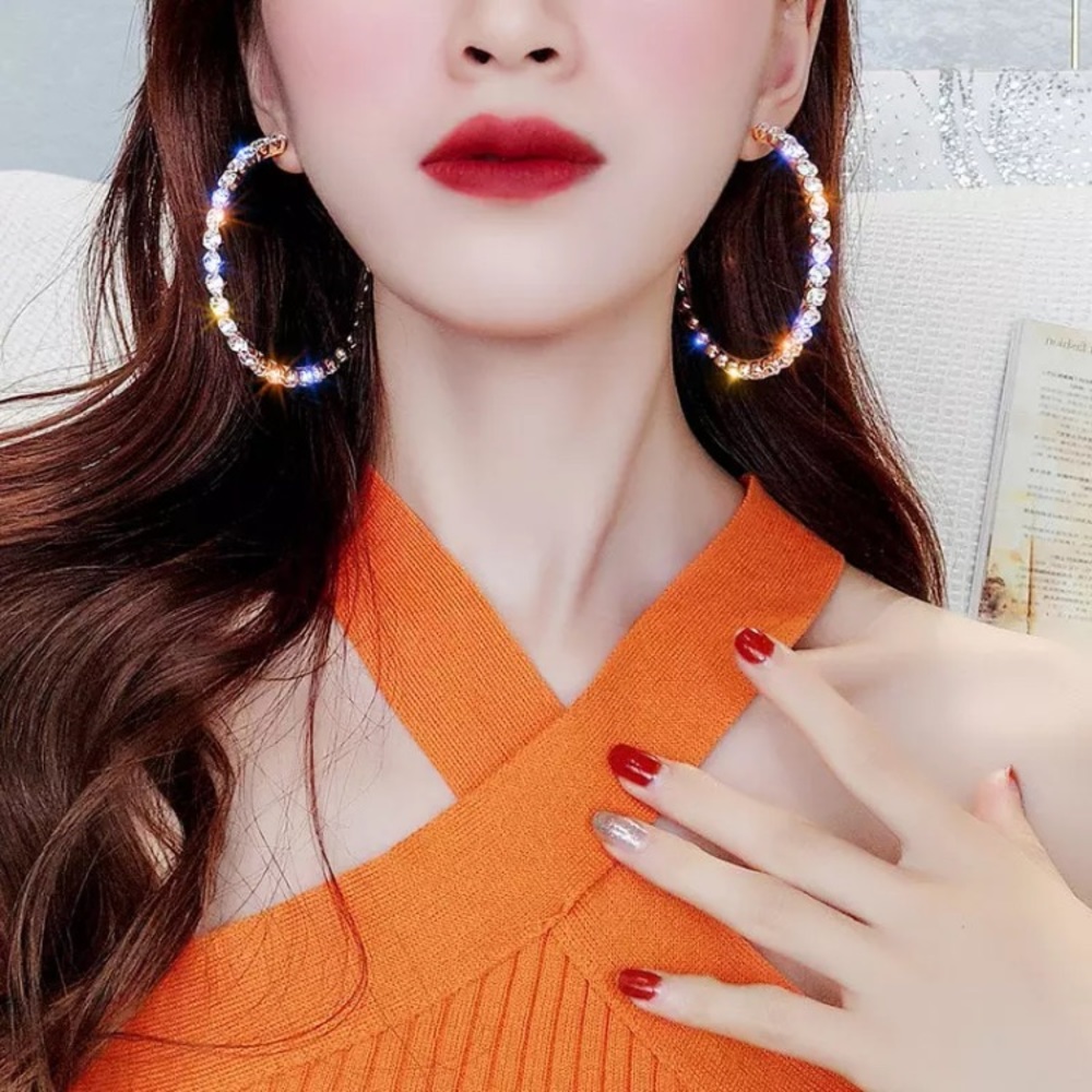 Gold Plated Rhinestone Big Hoop Earrings - Picture 4 of 5